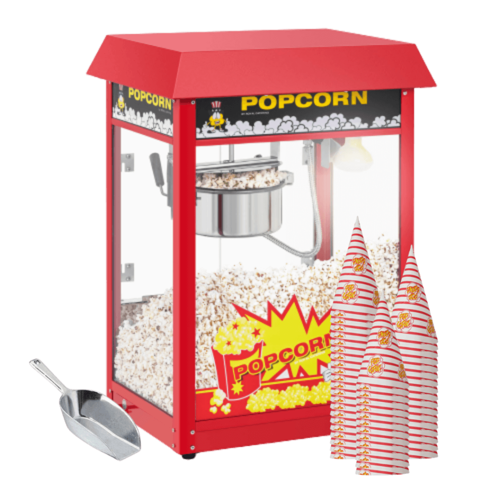 Popcornmaskine-med-bægre-og-metal-ske